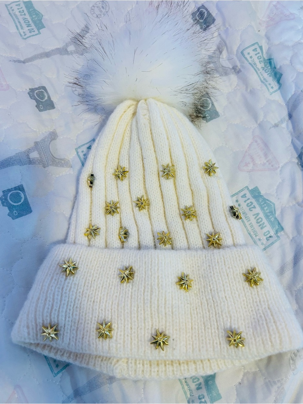 Cream Pom Pom Beanie with Gold Star Studs